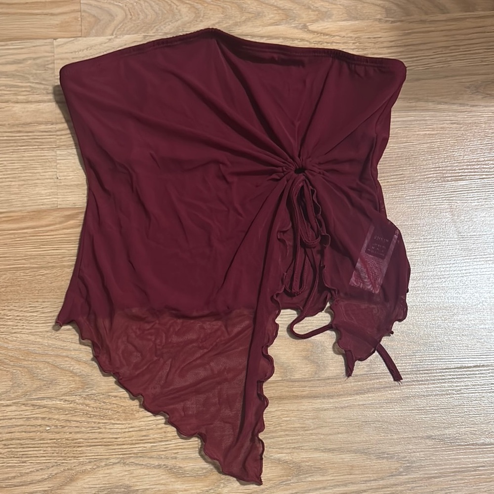 SHEIN Burgundy Mesh Ruched Tie Side Handkerchief Hem Tube Top Medium